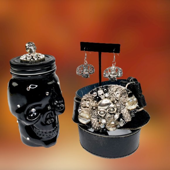 Gothic Skull Embellished Silver Handcrafted Buckle & Earring Srk. Crystals. main image 4